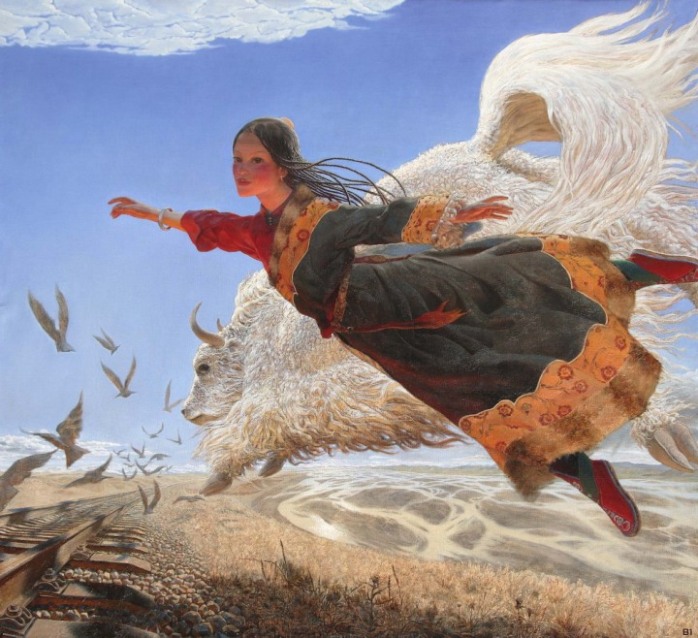 Тибетская девушка и як в воздухе