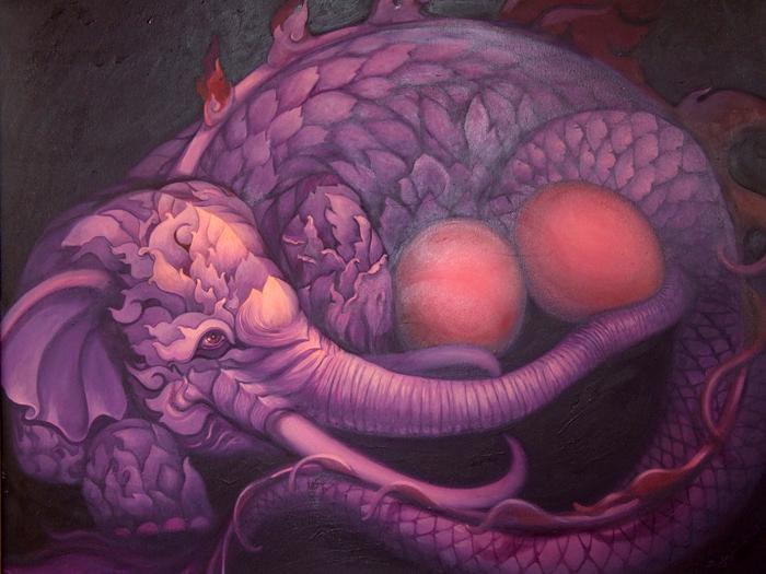 Kris Surajaroenjai - Фиолетовый слон высиживает два яйца. Картина