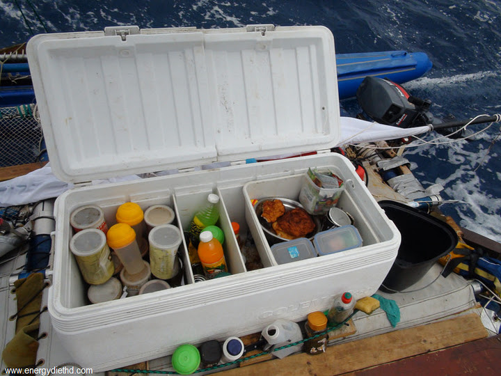 Сухое питание Energy Diet и другие пищевые запасы на борту парусника. Фото