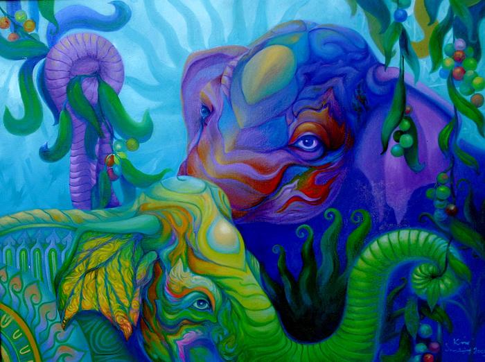 Kris Surajaroenjai - Два красивых разноцветных слона, символизирующих гармонию Востока. Картина