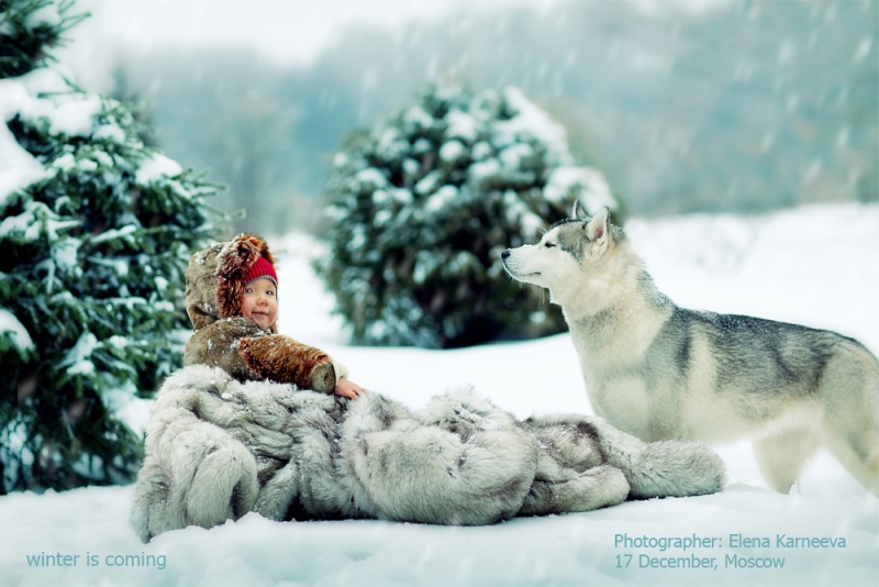 Красивые дети и животные. Зимний лес. Фото 