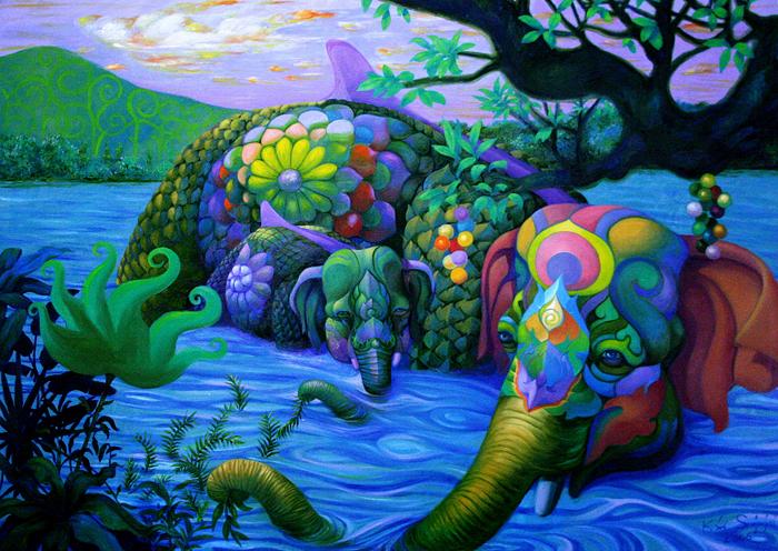 Kris Surajaroenjai - Разноцветный удивительный слон и слонёнок в реке. Картина