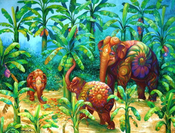 Kris Surajaroenjai - Разноцветный слон и слоники. Картина
