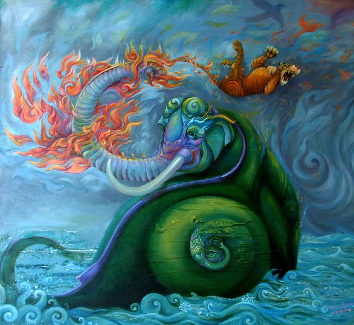 Kris Surajaroenjai. Огнедышащий слон, спасая слонёнка-эмбриона, опаляет огнём напавшего тигра. Картина