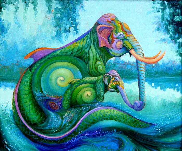 Kris Surajaroenjai - Зелёный слон защищает слонёнка. Картина