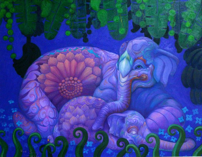 Kris Surajaroenjai - Разноцветный сине-фиолетовый слон и спящий слонёнок. Картина