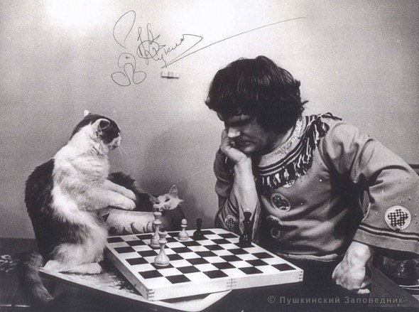 Юрий Куклачев играет в шахматы с котом. Фото