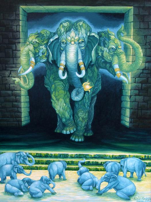 Kris Surajaroenjai - Зелёный трёхликий слон и голубые слонята. Картина