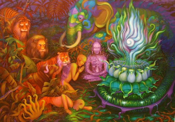 Будда Гаутама, достигший просветления и пришедшие поклониться ему существа: слон, тигры, буйвол. Картина