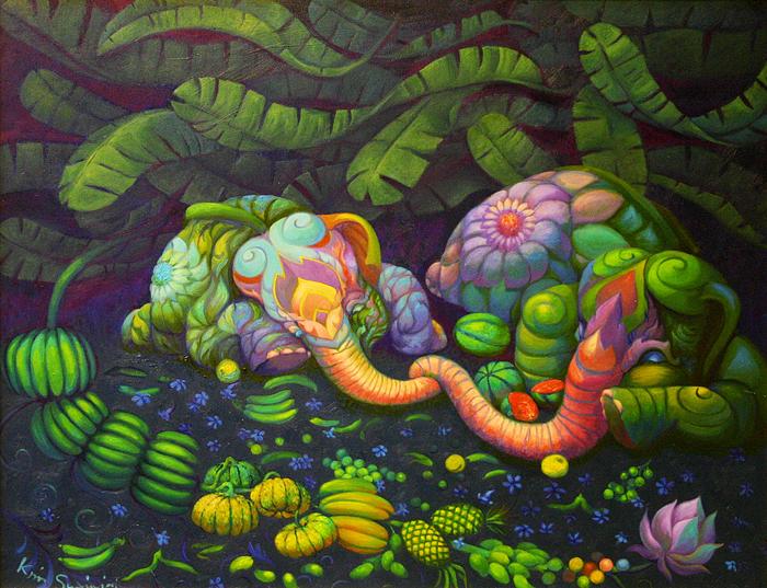 Kris Surajaroenjai. Спящие разноцветные слоники. Картина