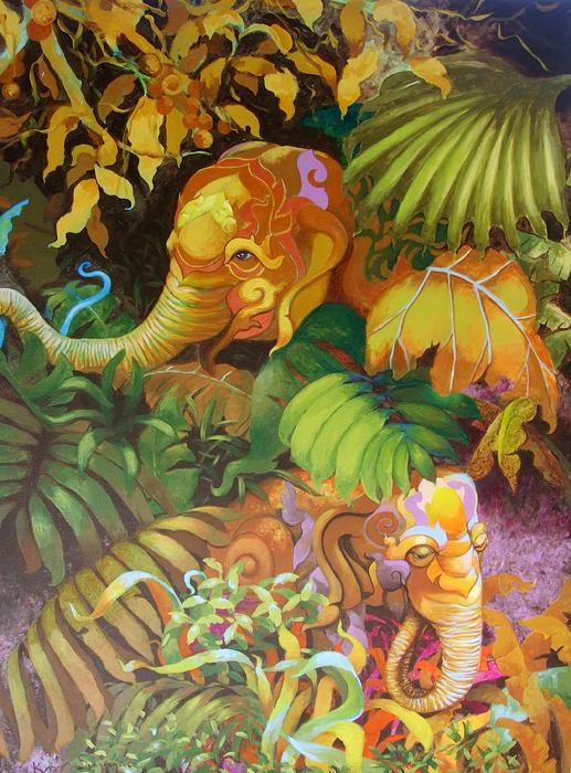 Kris Surajaroenjai - Два разноцветных слона в джунглях. Картина