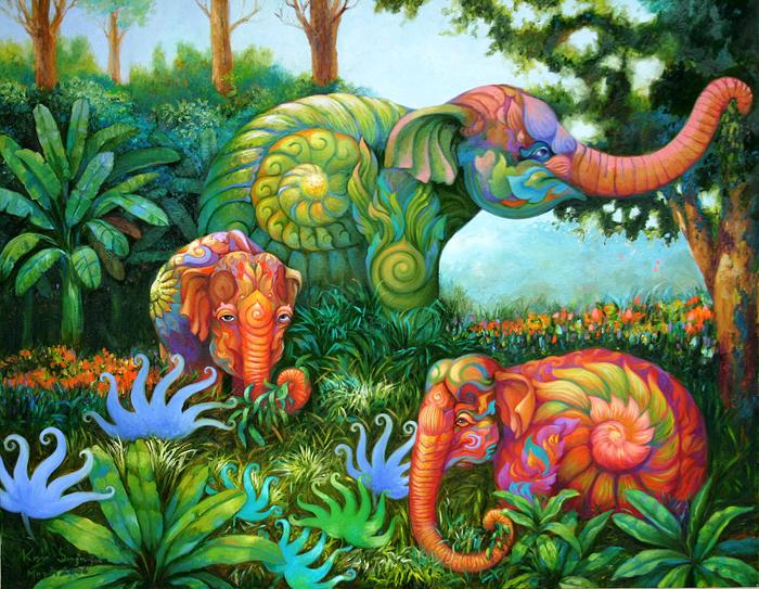 Kris Surajaroenjai - Зелёный слон и розовые слоники. Картина