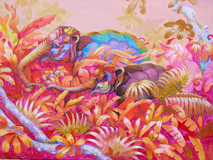 Два разноцветных слона в розовых джунглях. Картина