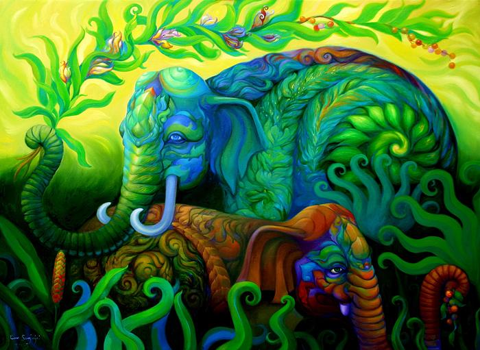 Kris Surajaroenjai - Сине-зелёный слон держит хоботом ветвь, рядом - разноцветный слонёнок. Картина