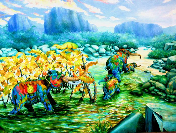 Kris Surajaroenjai - Разноцветные слоны идут домой. Картина