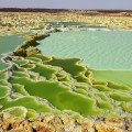 Dallol geothermal brine hot springs, salt terraces, and a salt lake, Ethiopia