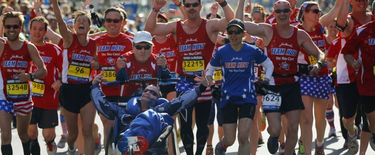 Boston Marathon icons Dick Hoyt and his son Rick finish the 118th Boston Marathon in Boston